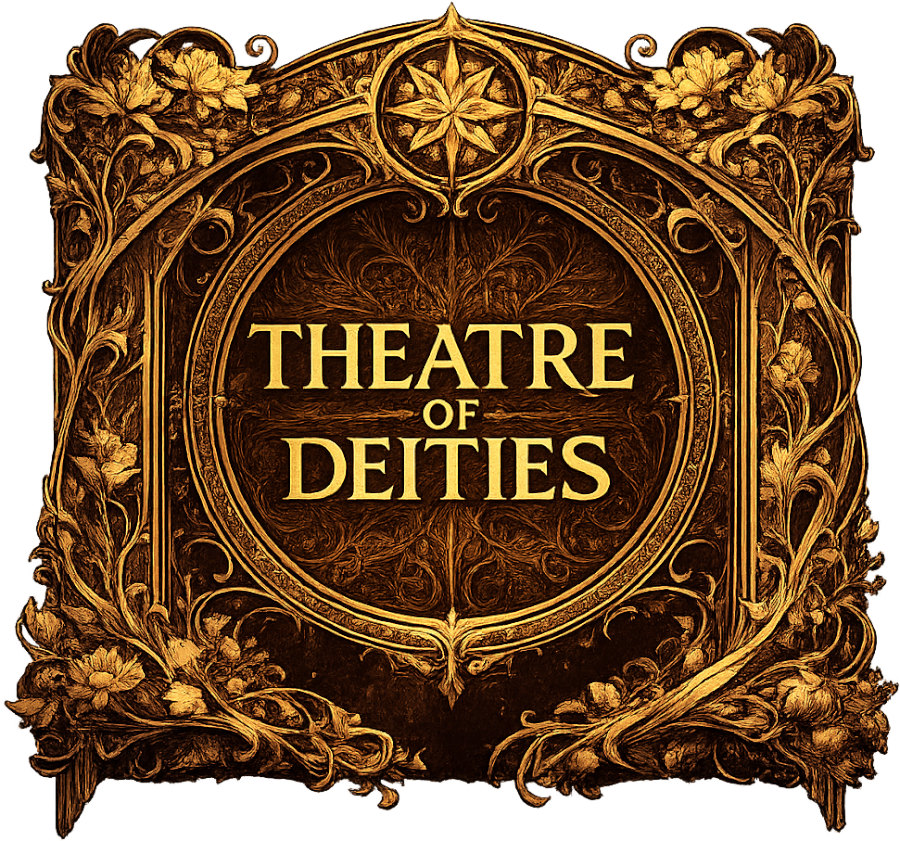 A floral yellow-gold ornate art nouveau style frame, encircling the project's title, "Theatre of Deities".