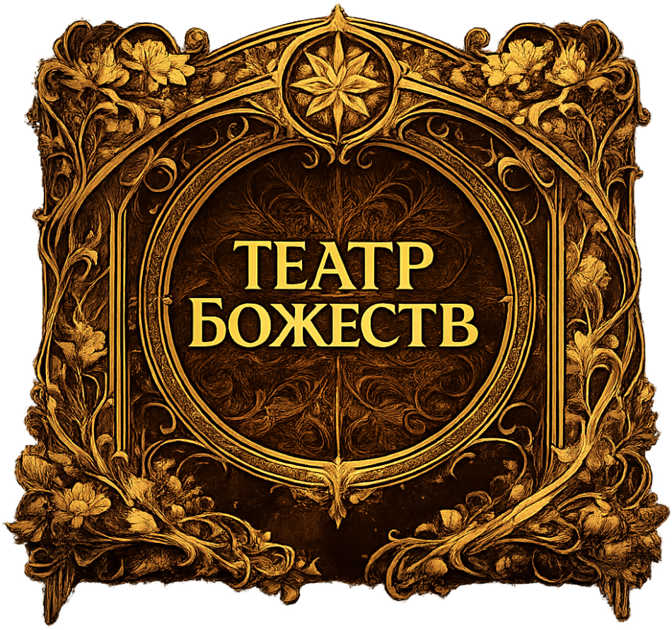 A floral yellow-gold ornate art nouveau style frame, encircling the project's title, "Театр Божеств".